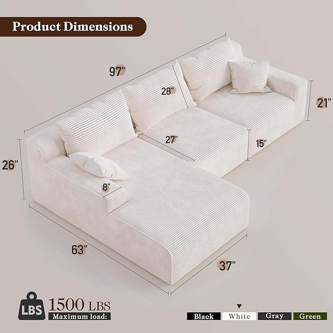 97" L-Shaped Cloud Corduroy Sofa with Left Chaise, Modular Sectional Couch, Flexible Combination Couches for Living Room, Bedroom, No Assembly Required (White)