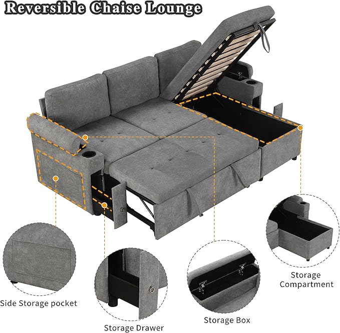 Harper & Bright Designs 83.5" L-Shaped Sofa Couch Convertible Sofa Bed Sectional Sofa with Ample Storage Space, Two Cup Holders and Two USB Ports for Living Room, Gray
