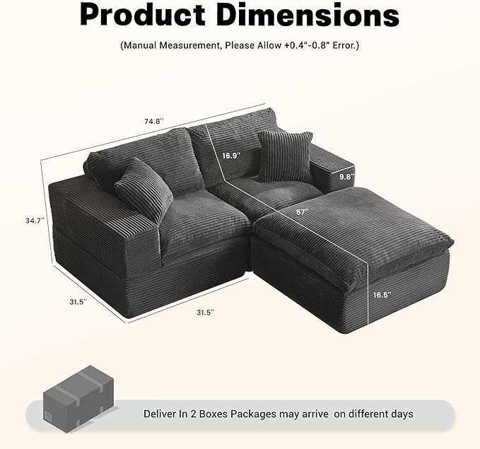 74.8” Set of Cloud Couch, Modular Loveseat Sofa, Convertible Sofas Bed, Deep Seat Sofa, Cozy Sofa for Living Room, Office and Bedroom, L Shaped Cozy Sofa Furniture Set, Corduroy, Gray