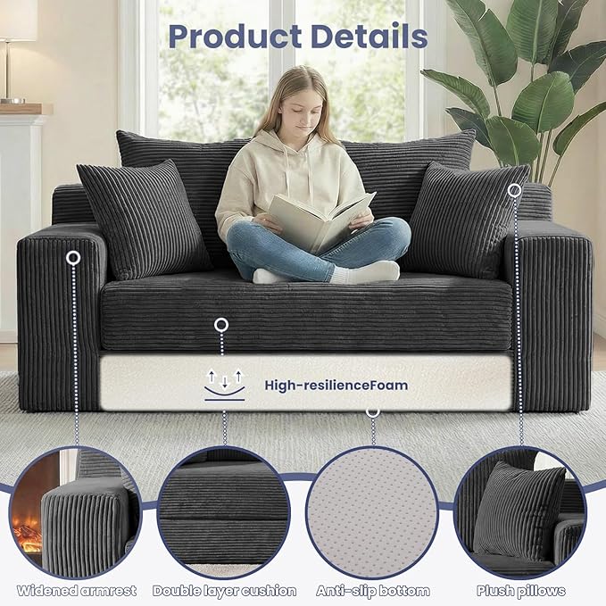 3-in-1 Convertible Sofa Bed: Boneless Loveseat Sleeper & Folding Couch Bed with 4 Pillows & Detachable Cushion for Bedroom, Small Space, Guest and Living Room, Corduroy Futon, No Assembly,Black