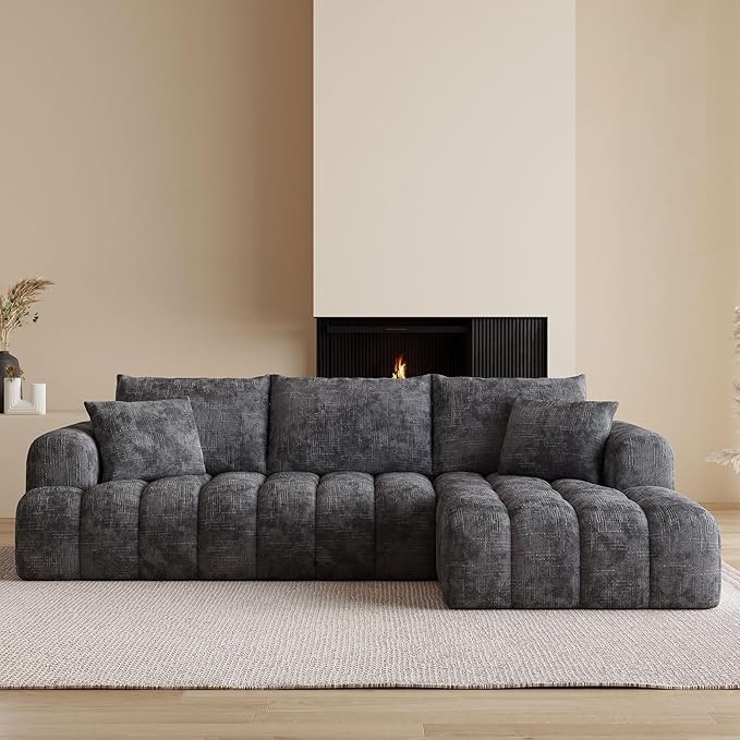 108" Cloud Sectional Couches for Living Room, Boneless L-Shaped Sofa with Pillow 3 Seater Modular Sectional Sofa (Dark Grey)