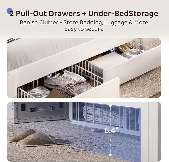 BRELTAM King Size Bed Frame with 2 Storage Drawers, Wood Platform Bed Frame with 2-Tier Storage Headboard Built in Charging Station & LED Light,Noise-Free/Metal Support/No Box Spring Needed,White