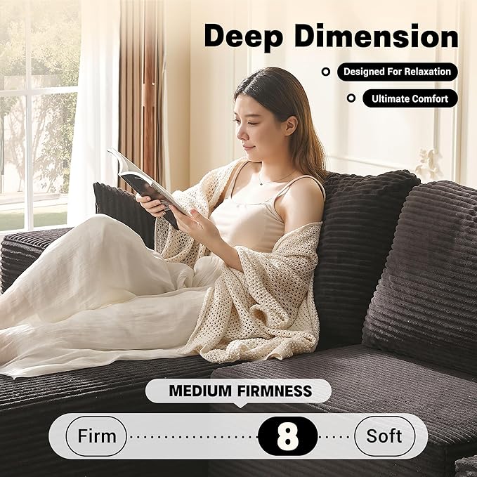 138" Boneless Couch with Deep Seat, Set of Modular Sectional Sofa, Cloud Sectional Couch for Living Room, No Assembly Required, Corduroy, 4 Seater L-Shape Left, Black