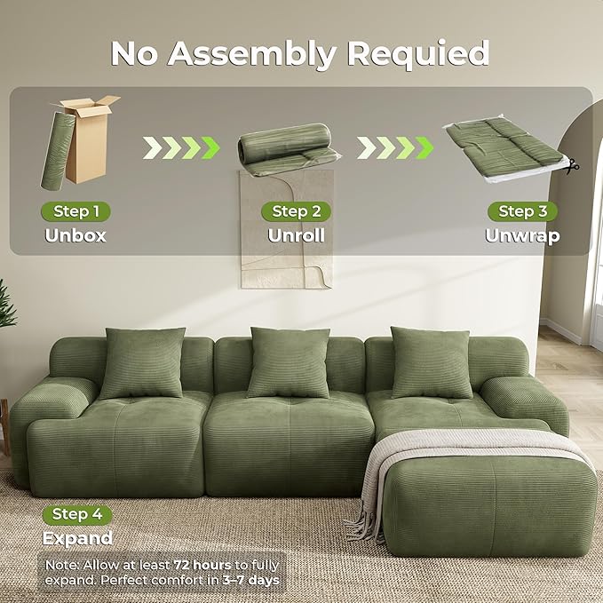 LIKIMIO LumiCord Modular Sectional Sofa with Ottoman, 118" L-Shaped Boneless Couch for Living Room, Oversized Deep Seat with Corduroy Upholstery, No Assembly Required, Olive Green
