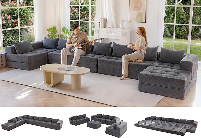 MAXYOYO Modular Sectional Sofa Couch, Foldable Oversized U Shaped Cloud Couch with Pillows, Tufted Boneless Sleeper Lounger Floor Sofa Bed for Living Room, No Assembly Required, Dark Grey