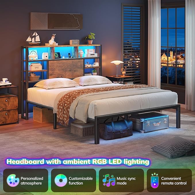 Full Size Bed Frame with Storage Headboard, LED Lights & Charging Station Heavy Duty Metal Platform Bed for Small Bedrooms, 1100 LBS Capacity, No Box Spring Needed, Easy Assembly,Vintage Brown