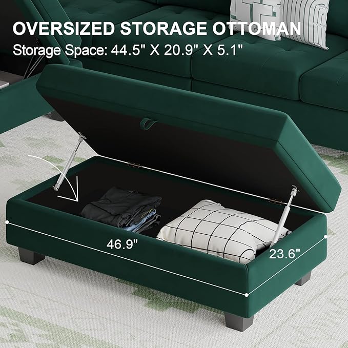 Belffin Velvet Convertible 4-Seat Sectional Sofa with Reversible Chaise L Shaped Sofa Couch Furniture Sets Sectional Couch with Storage Ottoman Green