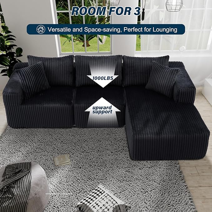 3 Seater L Shaped Sofa with Deep Seat, 101" Cloud Sectional Couch with Chaise, Cozy Modular Couches Sleeper, Oversized Corduroy Sofa for Living Room Bedroom Apartment, Black