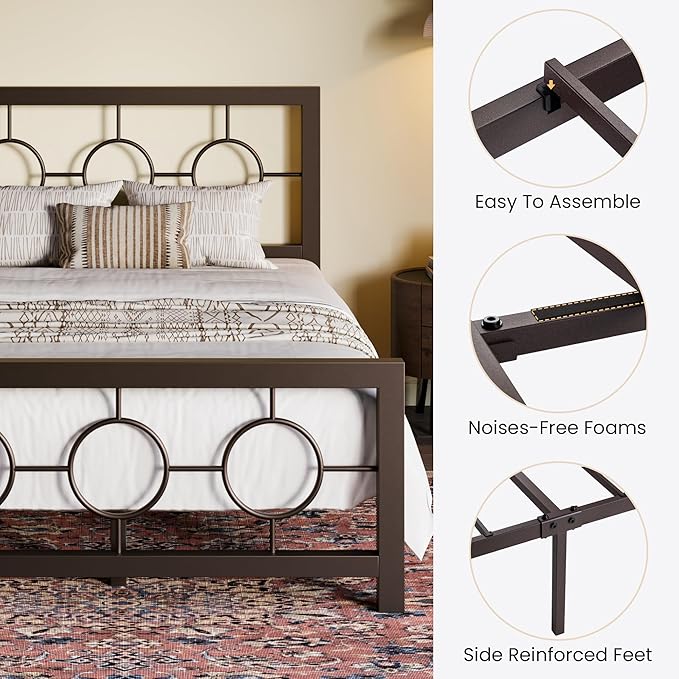 SHA CERLIN Twin Metal Bed Frame with Vintage Circular Design Headboard and Footboard, No Box Spring Required, Easy Assembly, Noise-Free,Brown