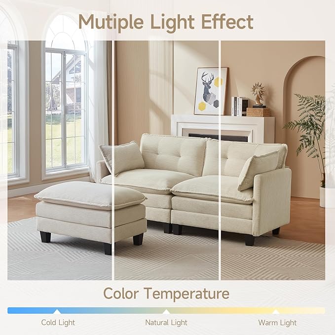 Modular Sectional Sofa, 76.5" L-Shaped Corduroy Comfy Sectional Couches for Living Room, 2-Seater Cloud Couches with 1 Movable Ottoman, Flexible Combination Modern Deep Seat Sofa (Beige)