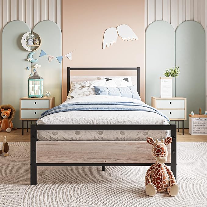 BOFENG Twin Bed Frame with Wood Headboard Farmhouse Bed,Heavy Duty Metal Platform Bed Frames No Box Spring Needed,Firm Mattress Foundation Steel Slat Support Easy Assembly(Natural Oak)