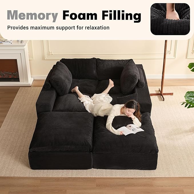 137.8” Sectional Couches for Living Room, Set of Cloud Couch, Modular Sectional Sofa, Convertible Sofas Bed, Deep Seat Sofa, U Shaped Cozy Sofa Furniture Set, Corduroy, Black