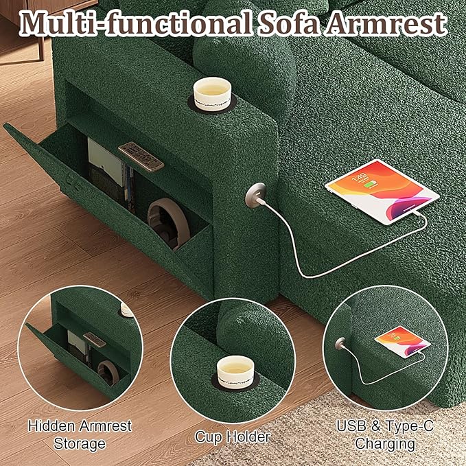 Sleeper Sofa Bed, 4-in-1 Pull Out Couch with Reversible Chaise | Dual USB & Type-C Charging | Dual Cup Holders | Layered Storage (Armrest + Chaise) for Living Room (Classic Green)