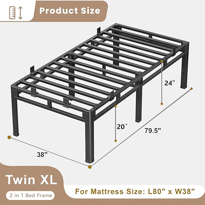 ROIL 24 Inch Twin XL Bed Frame, Metal Bed Frame & Box Spring 2 in 1 Platform with Round Corner Legs, 4000LBS Double Layer Bed Frame with Headboard Holes Mattress Baffles, Noise-Free Easy Assembly
