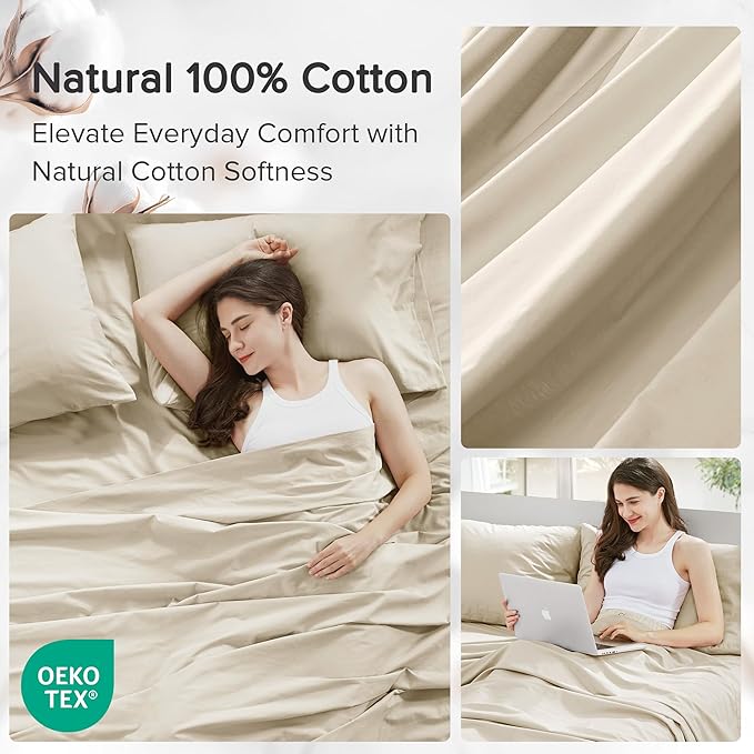 Comfort Spaces 100% Cotton Sheets Twin XL, Breathable & Ultra Soft Cotton Sheets, Naturally Cool Cotton Bed Sheets with 12" Elastic Pocket Fits up to 14" Mattress, All Seasons Sheet Set, Cream 3 Piece