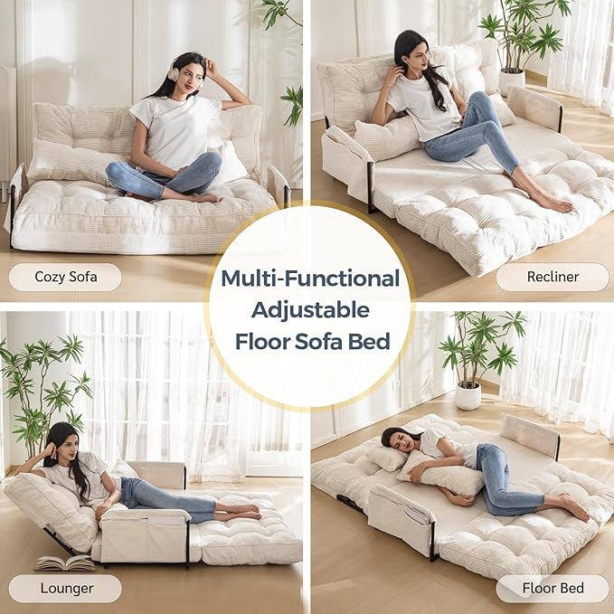 MAXYOYO Adjustable Floor Sofa Couch, Multi-Functional Bean Bag Bed, Loveseat Floor Couch Foldable Lazy Sofa Sleeper Bed for Reading Living Room, Beige