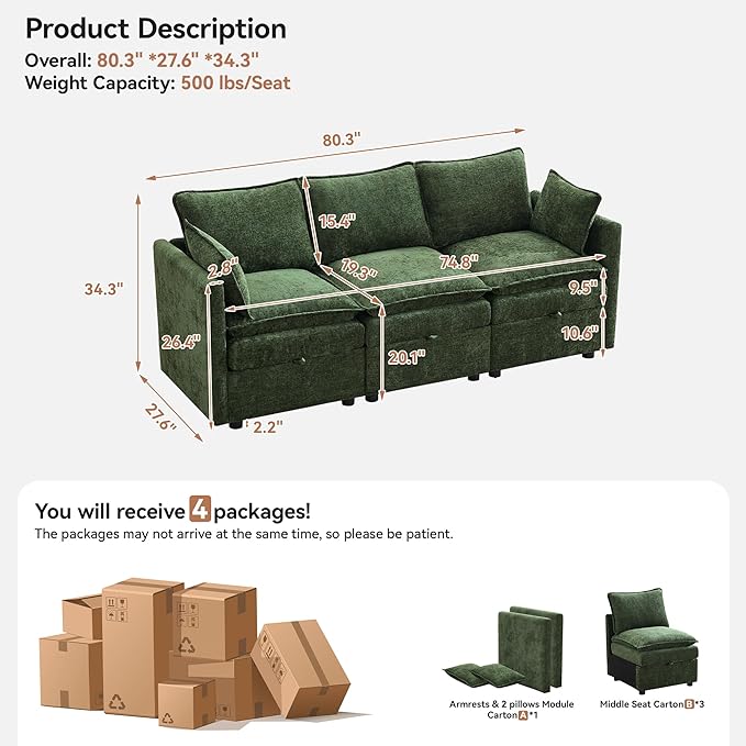 80" Cloud Modular 3 Seater Sofa with Storage, Modern Upholstered Storage Sofa Couch Deep Seat, Sectional Sofa Chenille Comfy Couch with Armrests for Living Room, Small Space, Green