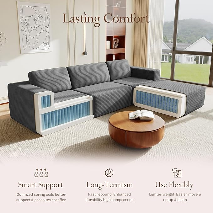 Vesgantti 119" L-Shaped Modular Sectional Sofa, Corduroy Cloud Couch with Deep Seating & Spring Support, Flexible Layout Sofa with Ottoman, Boneless Style, No Assembly Required, Grey