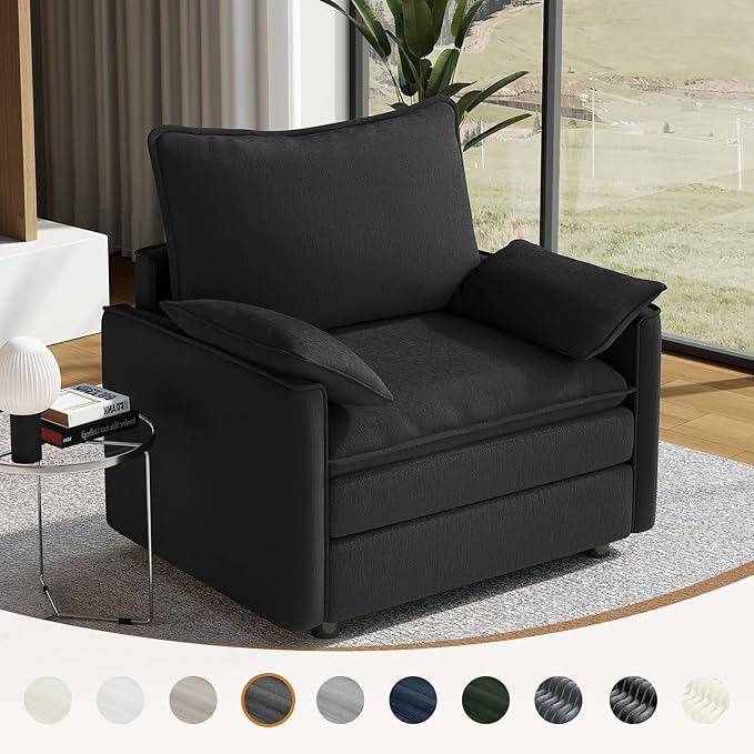 Vesgantti 40" Single Seat Sofa, Comfy Cloud Couch Deep Seat Upholstered Couch Chenille Modern Sofa with Armrest Pillows, Easy Assembly for Living Room, Bedroom and Apartment, Black