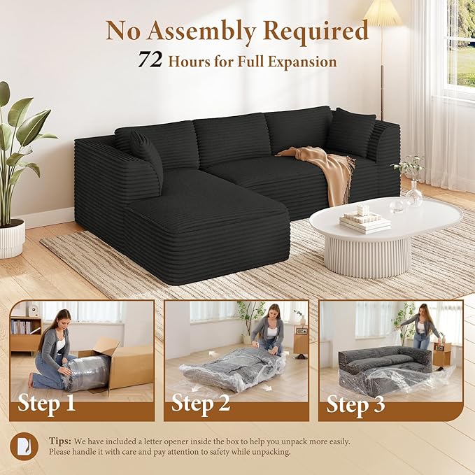 Vesgantti 106" Cloud Sectional Couch with Chaise, Deep Seat Comfy Modular Sectional Sofa Corduroy Memory Foam Boneless Couches for Living Room Bedroom, No Assembly Required (Black, Left-Facing Chaise)