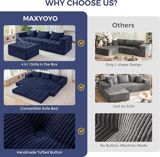 MAXYOYO Modular Sectional Sofa Couch, Foldable L-Shaped Folding Sofa Bed with Ottoman, Convertible Sectional Couch Corded Tufted Floor Sofa Lounger with Pillows for Living Room, No Assembly, Navy