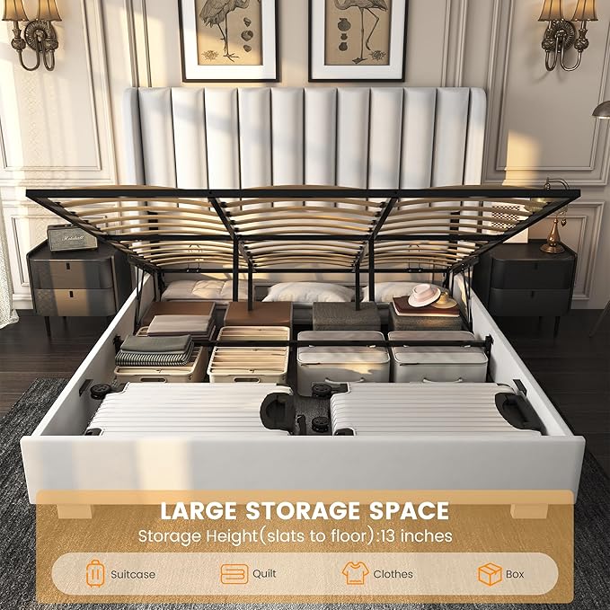 King Size Upholstered Lift Up Storage Bed Frame with 51.2" Tall Headboard, Velvet Wingback Tufted Design, Wood Slats Support, No Box Spring Required, Noise-Free Double Low Bed Frame (King,White)