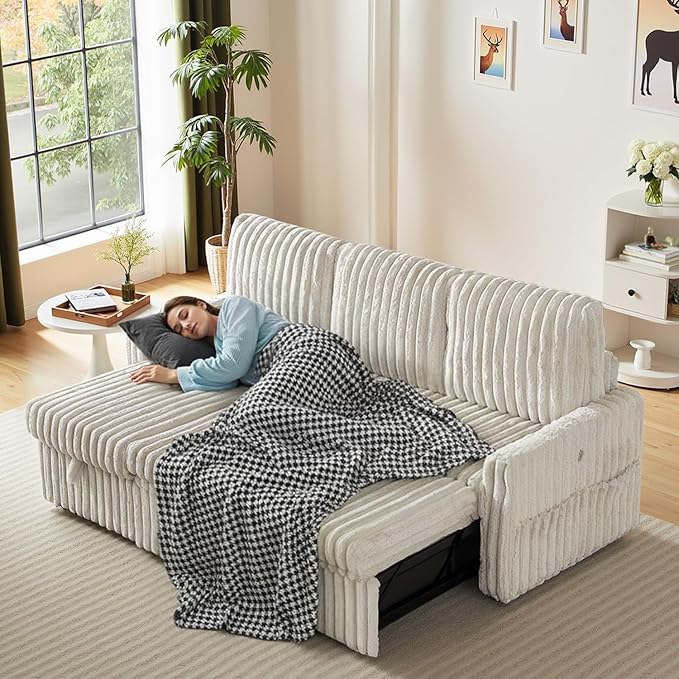 Sleeper Sofa Bed, 81” Pull Out Couch Bed, 3 in 1 L-Shaped Couch with Charging Station, Cup Holder, Side Pocket, Couches for Living Room(Plush Beige)