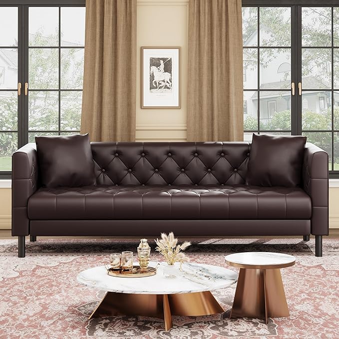 GarveeHome 81 in Leather Couch for Living Room, Modern Sofa Couch with Deep Seat and 2 Pillows, Handmade Button Tufted 3 Seater Sofa, Leather Sofa for Apartment, Office, Dark Brown