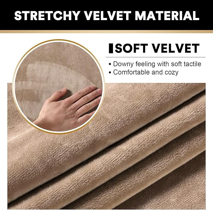 PrinceDeco Velvet Couch Covers for Sofa Soft 4 Pieces Couch Covers for 3 Cushion Couch Sofa Pet Friendly Furniture Protector with Non Slip Elastic Bottom Width Up to 97 Inch (Large Sofas, Camel)