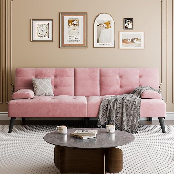 Meilocar Futon Sofa Bed, Modern Convertible Sofa Couch Recliner, 64 in Adjustable Sofa Bed for Living Room, Removable Armrest Pillow, 2 Cup Holders, 3 Angles Back, 5.3FT, Pink