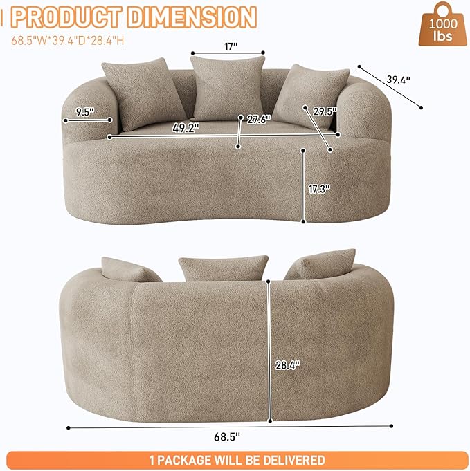 69" Curved Loveseat Sofa for Living Room, Modern Chenille Love Seat Cloud Couch, Luxury Plush Extra Deep Oversized Sofa for Small Spaces, Bedroom, Apartment‌, No Assembly Required, Light Brown