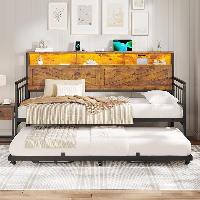 VIAGDO Day Bed with Trundle Bed Twin, Wood Day Bed with Hidden Storage Headboard, Farmhouse Daybed with Charging Station and LED Lights, Twin to King Daybed for Living Room, Guest Room, Rustic Brown