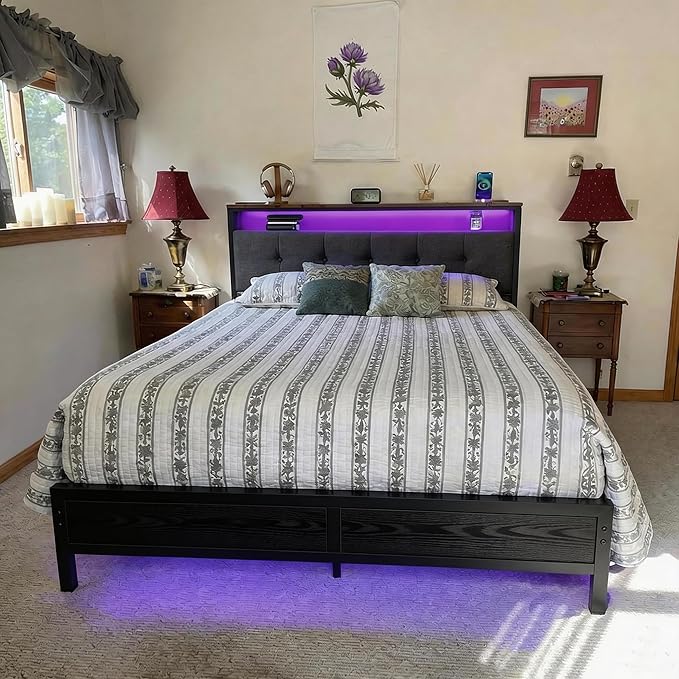 Homkdom King Size Bed Frame with Smart LED Lights, Upholstered Headboard with Charging Station Type C, Metal Platform with 12" Under-Bed &2-Tier Storage Shelves, No Sliding, Noiseless, Black