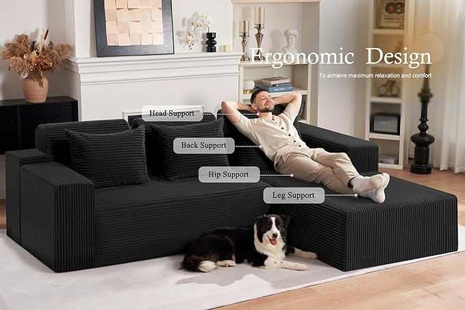 HABUTWAY Sectional Couches for Living Room,No Assembly L Shaped Couch 105" Modular Sectional Sofa Couch with Deep Seat,Cloud Couches Furniture Sets for Apartment,Corduroy (Black, Right Facing)