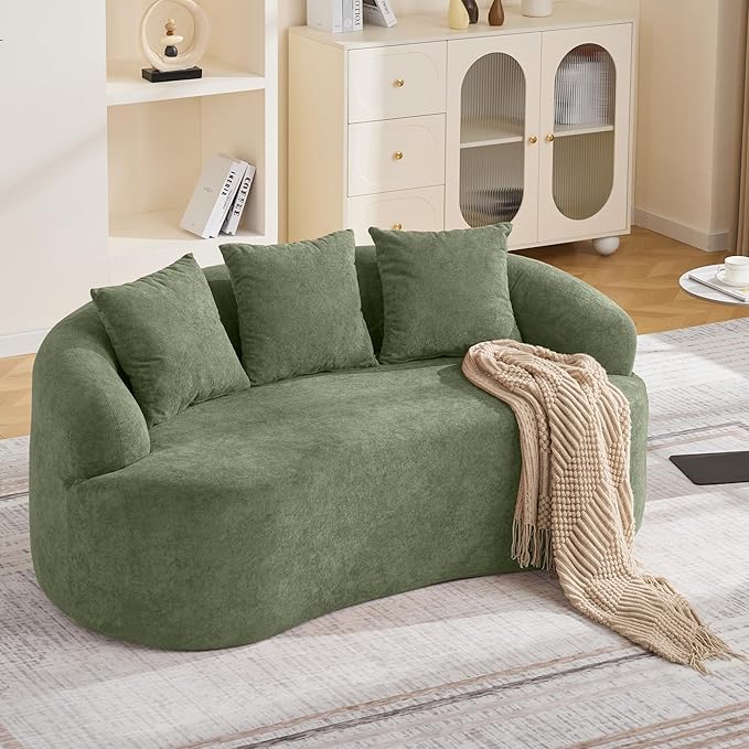 65" Curved Loveseat Sofa, Deep Seat Love Seat Couches with 3 Throw Pillows, Modern 2 Seater Boneless Curved Couch, Compressed Floor Sofa for Living Room Small Spaces, No Assembly, Green