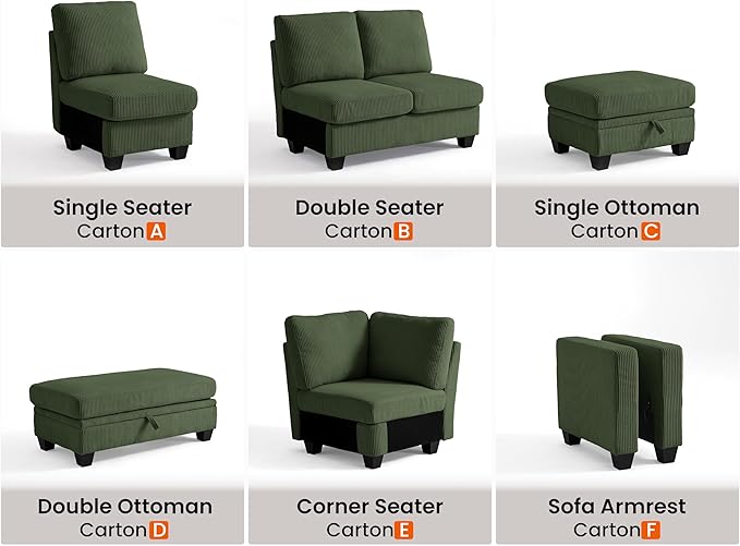 CHIC HOUSE Modular Sectional Sofa with Storage Ottomans, Corduroy Cloud Couch for Small Spaces & Apartments, Reconfigurable L/U Shaped Convertible Corner Sofa, Green, Single Seater