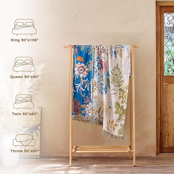 LUTBM Boho Throw Blanket for Bed Cotton Spring Blankets Twin Size for Bedroom Living Room All Season Lightweight Floral Embroidery Decorative Breathable Quilt for Couch Sofa Chair 60"x80"