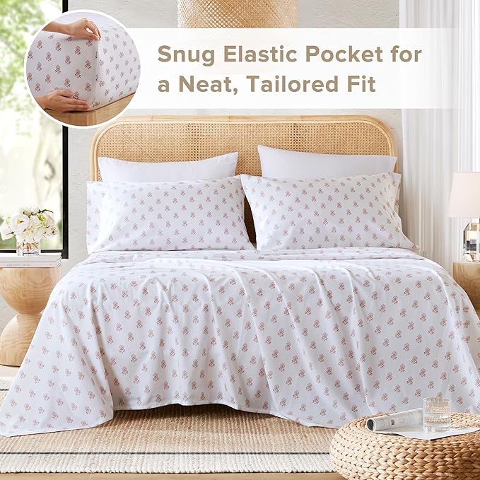 Comfort Spaces 100% Cotton Sheets King, Breathable, Naturally Cool Cotton Sheets, Soft Cotton Bed Sheets with 14" Elastic Pocket Fits up to 16" Mattress, All Seasons Sheet Set, Floral Pink 4 Piece