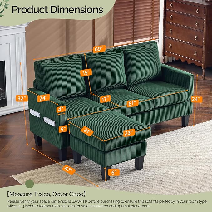 VINGLI 68.5' L Shaped Couch with Movable Storage Ottoman, Convertible Sectional Sofa in Soft Corduroy Fabric, Modern Reversible Chaise Couch for Small Spaces, Apartment, Living Room，Dark Green