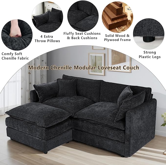 Setawix Deep Loveseat Couch with Ottoman,Large L-Shaped 2 Seater Cloud Couches for Living Room,77.16" Chenille Cloud Sofas with Deep Seat,Modular Sectional 2 Seat Sofa for Bedroom (Black, 2+1)