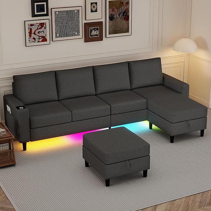 Sectional Couches for Living Room, 109" U Shaped Cloud Couch with Chaise Lounge/Storage Ottoman, 4 Seat Linen Sectional Sofa with Smart Module-Wireless Charging/USB/Type-C/RGB Lights (Dark Grey)