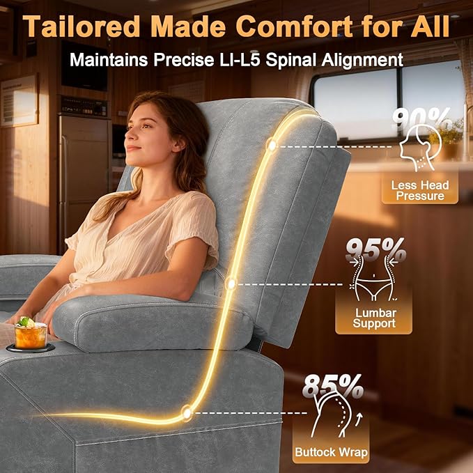 Oversized Manual Recliner Chair, 3 Angle Recliner Home Theater Seating, RV Recliner Single Sofa with Hidden Arm Storage, Cup Holder & Side Pocket (Single, Grey)