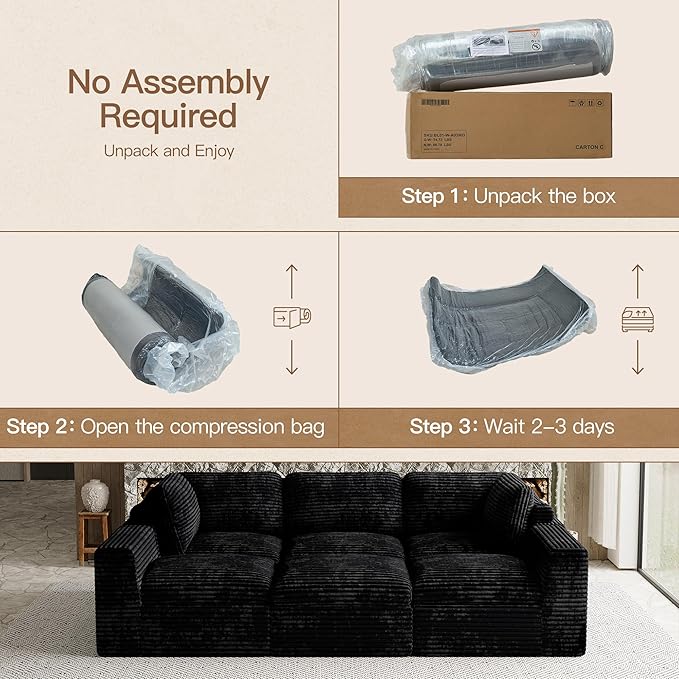 Belffin Boneless Modular Cloud Sectional Sleeper Sofa Bed Plush Corduroy Boneless Sectional Couches for Living Room with Ottoman No Assembly Required. Black Couch