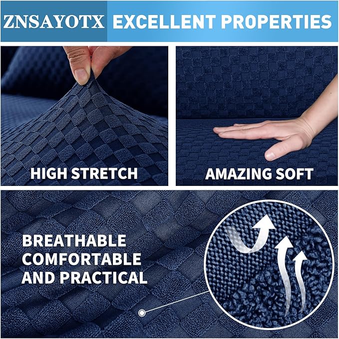 ZNSAYOTX Sectional Couch Covers, Stretch Jacquard Slipcovers with Elastic Bottom for L-Shape Sectional Sofa, 2 Pcs Pet Friendly Modular Sofa Protector (3 Seat Couch + 3 Seat Chaise, Navy Blue)