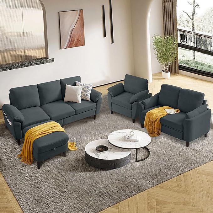 4 Piece Convertible Sectional Sofa Set, Modern Linen Small L Shaped Couch with Reversible Chaise, 3-Seater Sofa & Loveseat & Armchair for Living Room, Office, Apartment, Dark Grey