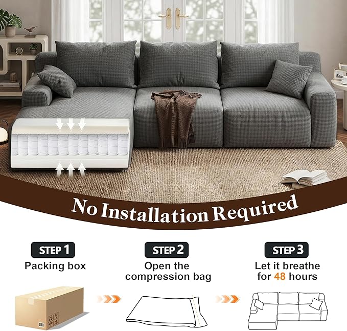 97”Modular Sectional Sofa, Cloud Sectional Couch with Deep Seat, Modern Modular L-Shape Sofa Couch, Upholstered Boneless Couches for Living Room Bedroom (Grey Check, Left Facing Chaise)