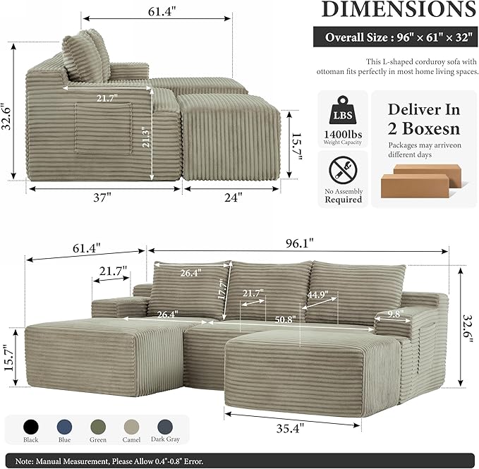 96" Sectional Couches for Living Room Cloud Couch Sofa with L-Shape Upholstered Boneless Couchs Modern Modular Sectional Couch with Chaise (Camel, 96" W+Left Facing Chaise+2Seaters+Ottoman)