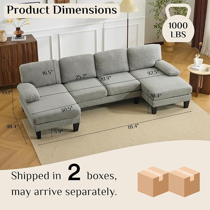 Karl home 110" U-Shape Sectional Couches for Living Room Chenille Upholstery 4 Seat Sofa Set with Double Chaises & Wood Grain Legs for Apartment, Dust Grey