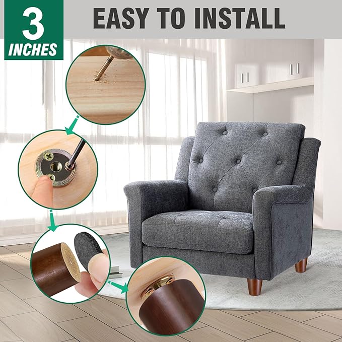 FoDau770 Brown Rubber Wood Furniture Legs 3 Inches, Straight Tapered Wood Feet Mid Century Sofa Legs Set of 4, 5/16" UNC Furniture Feet for Cabinet Couch Dresser Chair Ottoman Table