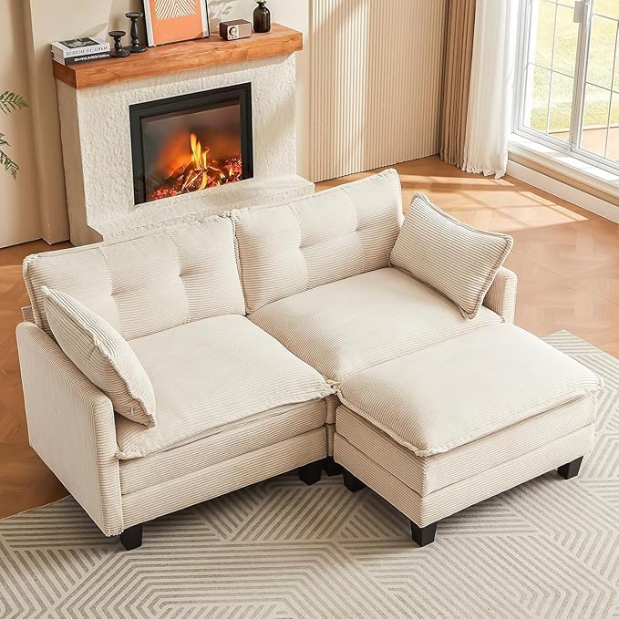 Modular Sectional Sofa, 76.5" L-Shaped Corduroy Comfy Sectional Couches for Living Room, 2-Seater Cloud Couches with 1 Movable Ottoman, Flexible Combination Modern Deep Seat Sofa (Beige)